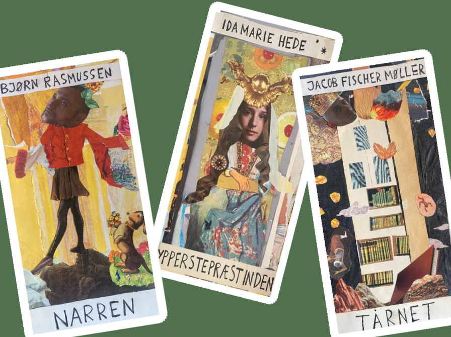 Tre tarotkort med teksterne Bjørn Rasmussen Narren og Ida Marie Hede Ypperstepræstinden og Jacob Fischer Møller Tårnet
